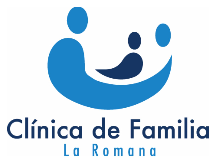Blue and navy family logo with stylized human figures above the text 'Clínica de Familia La Romana' on a white background.